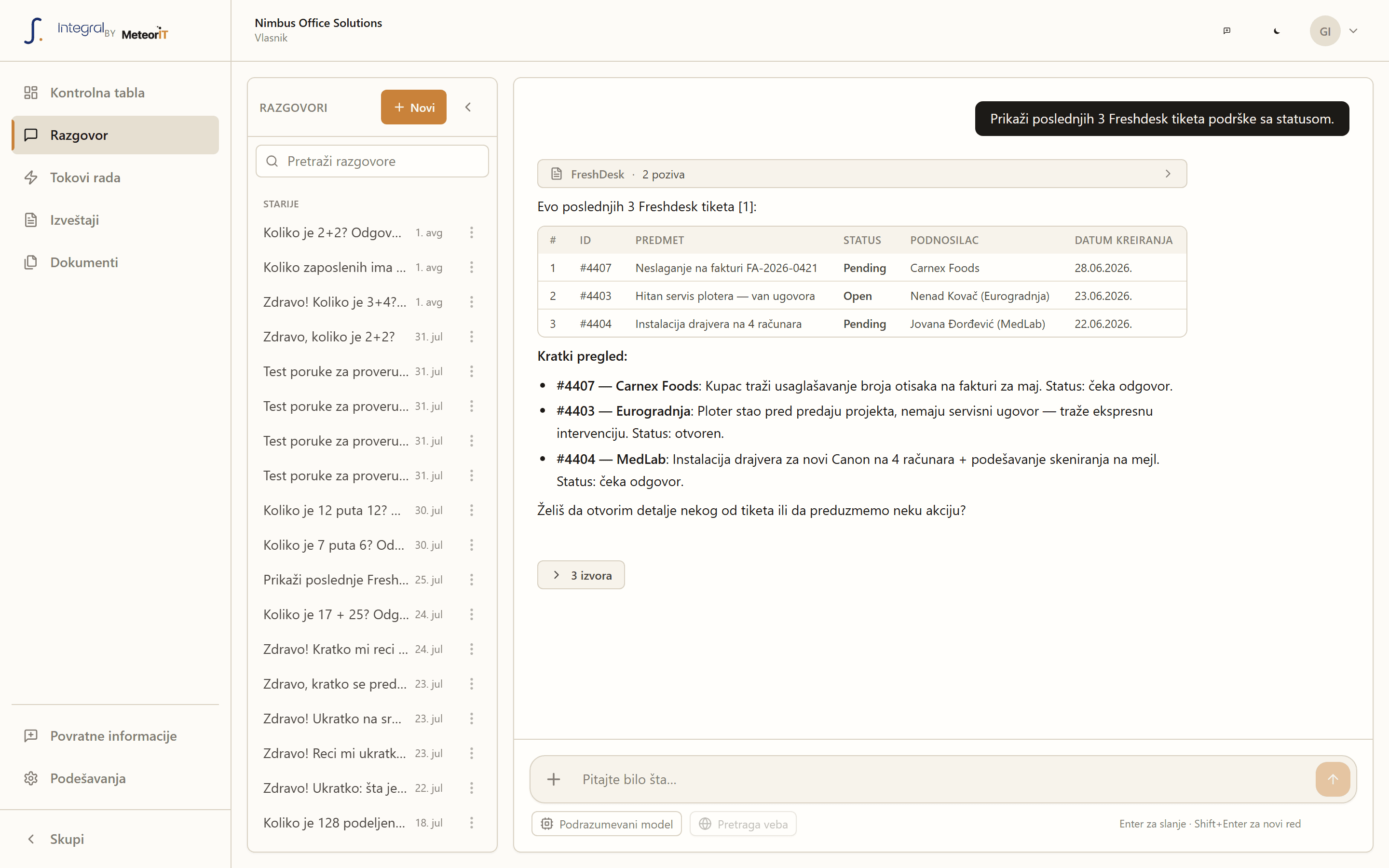 A conversation in Integral: the assistant returns a table of Freshdesk tickets with sources