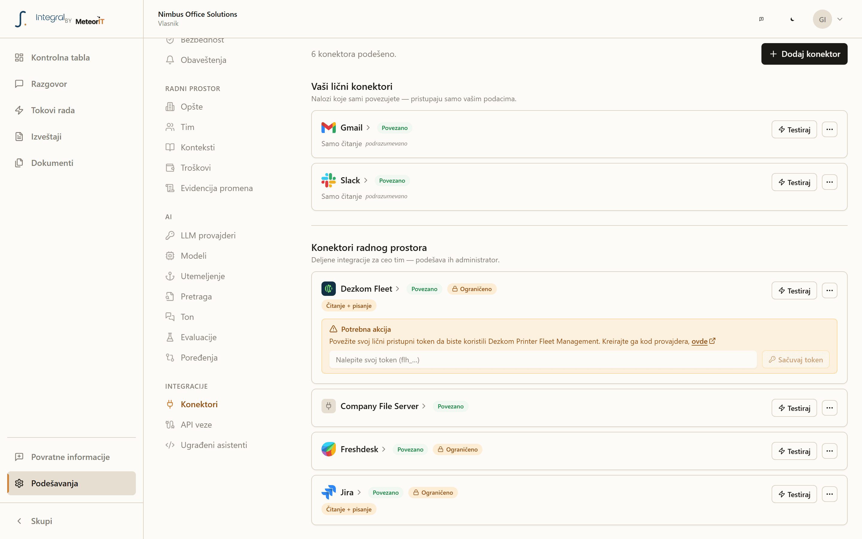 Connector settings with per-capability read and write permission badges