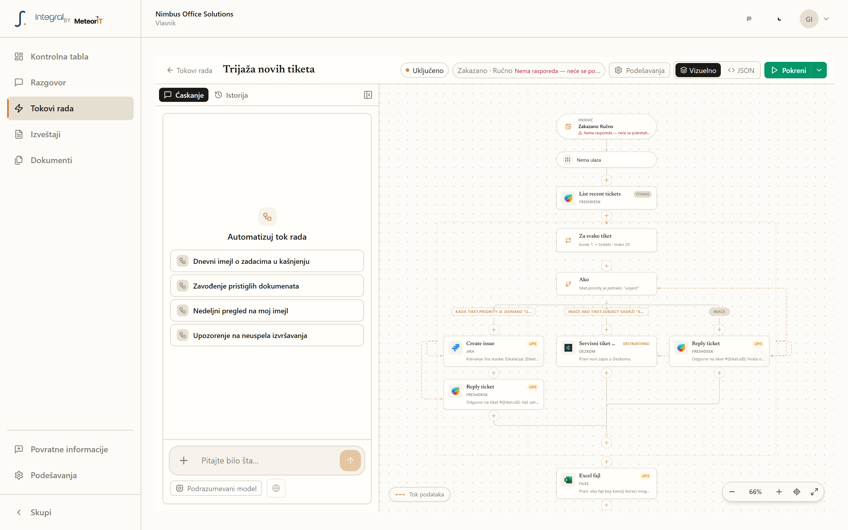 Visual workflow canvas with branching, a per-ticket loop and a built-in AI assistant